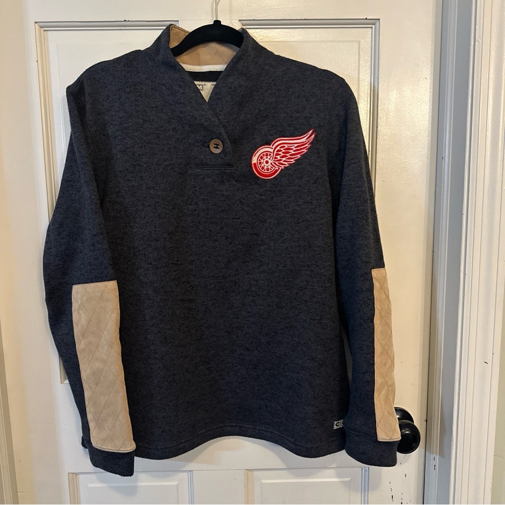 CCM Fleece Womens Grey Detroit Red Wings NHL Hockey Shawl Knit Sweater Large‎
